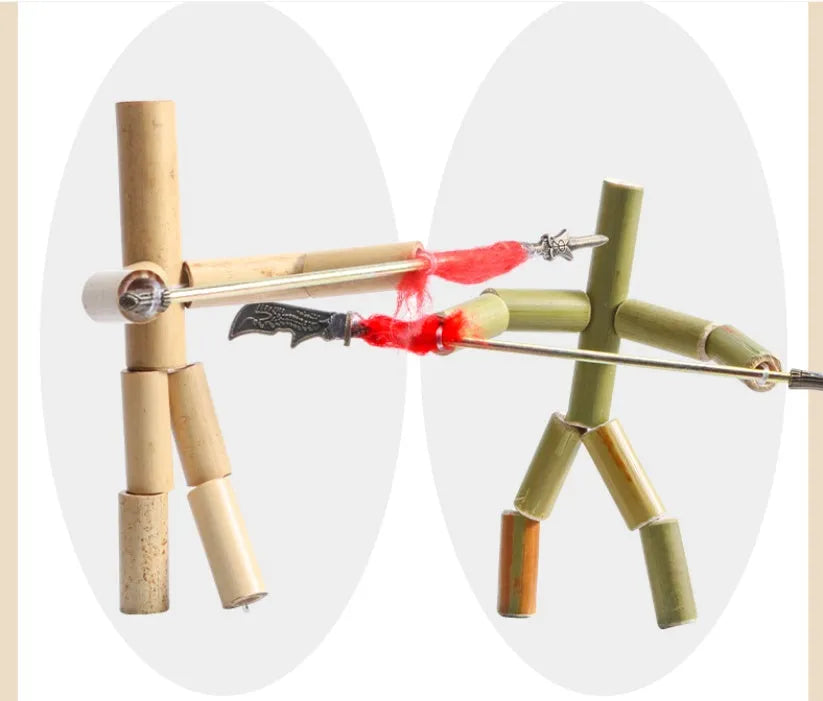 Bamboo Man children's wooden fighting game table set with two Bamboo Man figures and iron weapons in gift box