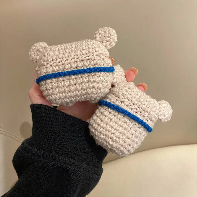 Hand-knitted koala bear backpack design cover for Apple AirPods case.