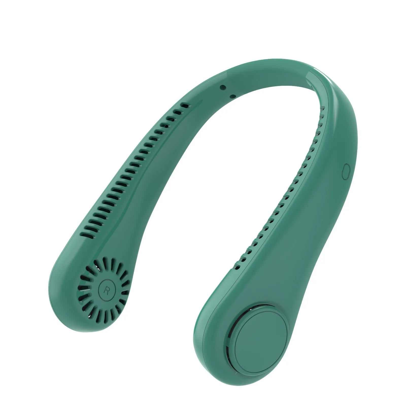 White bladeless neck fan worn around neck showing decentralised air outlet and minimalist design