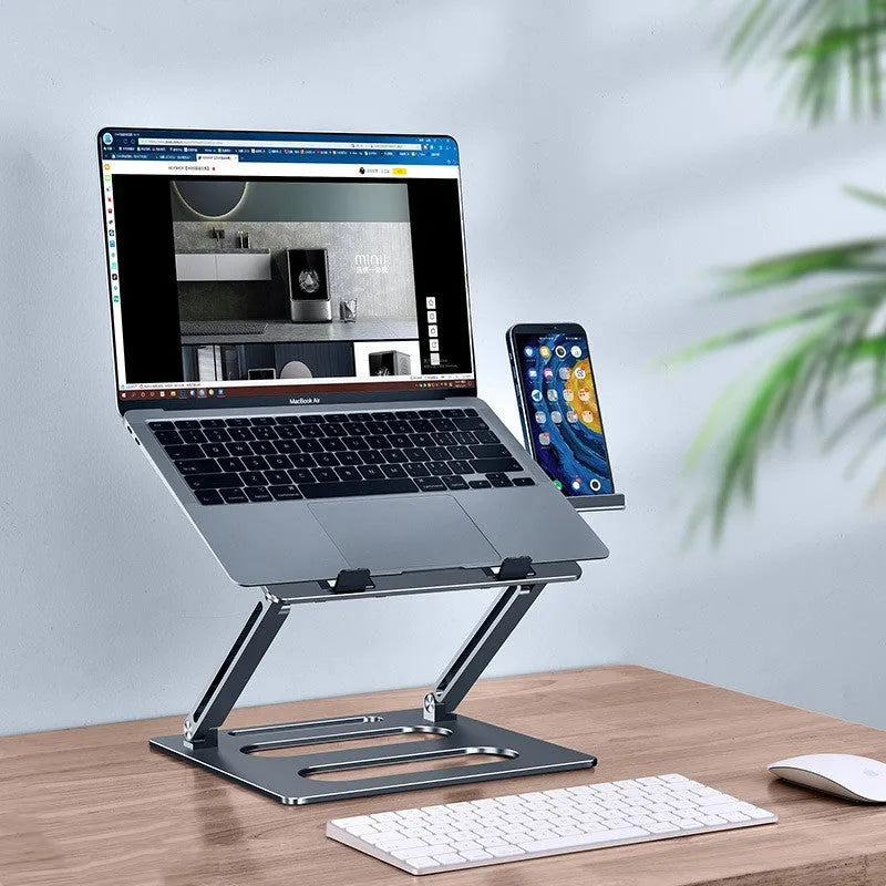 Aluminium alloy metal laptop stand with 340mm elevation height on a desk, silver colour