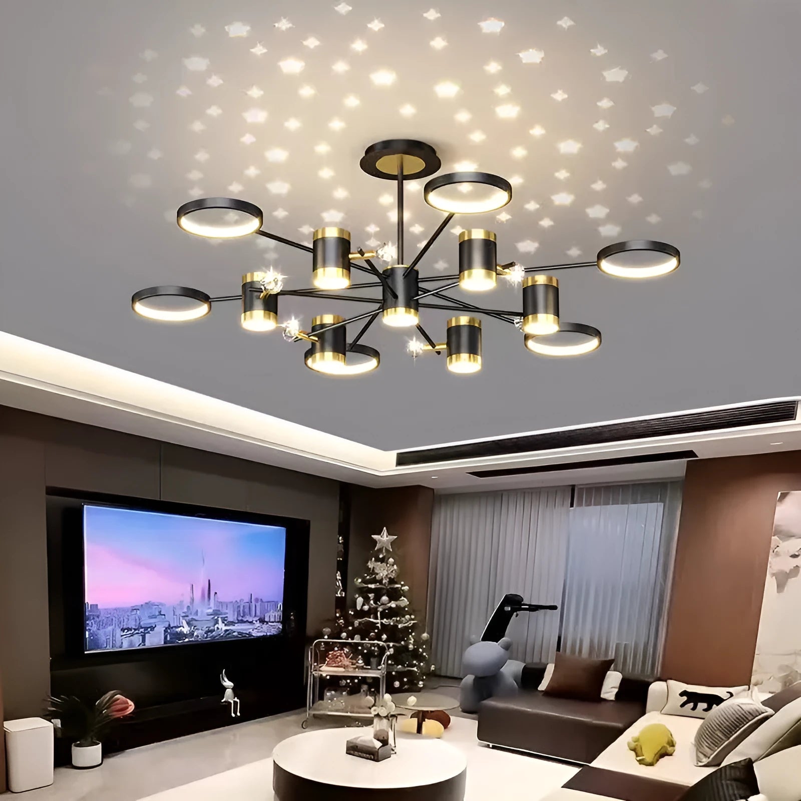 Black 13-head iron pendant chandelier with remote control on a ceiling.
