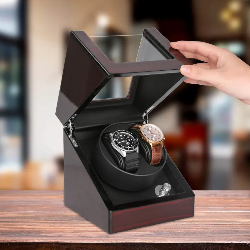 W136D-BT watch winder in red piano lacquer with transparent acrylic front, five-speed adjustment, Japan Mabuchi movement, 16x16x17.5cm