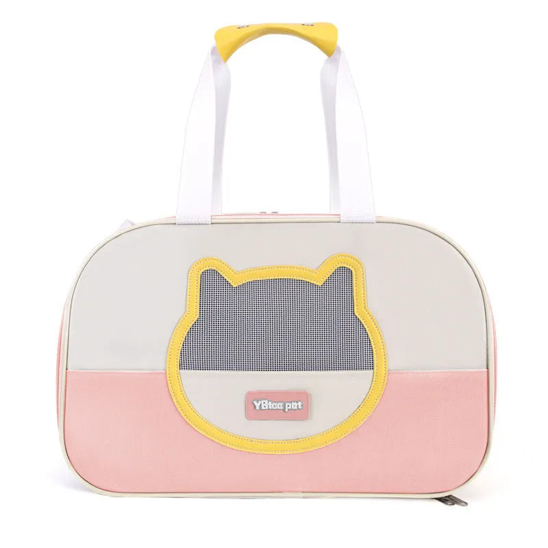 Blue foldable cat carrier backpack showing side view and shoulder straps.