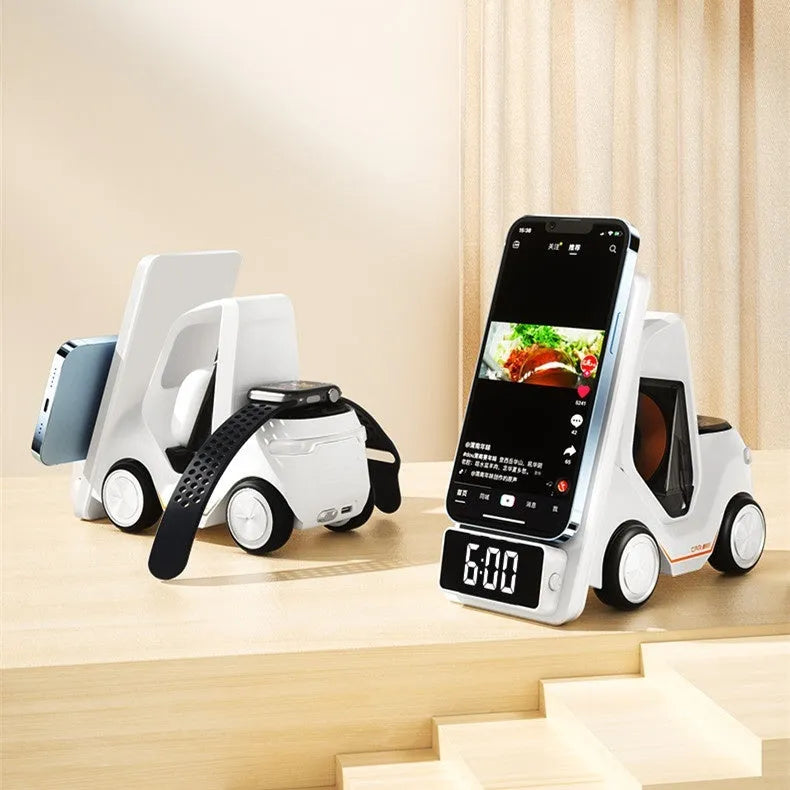 Grey 15W three-in-one wireless fast charging bracket for appliances on a table.