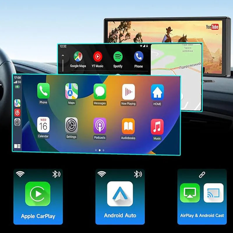 Black 10.26-inch car navigation device with touch screen showing split display of map and recording footage