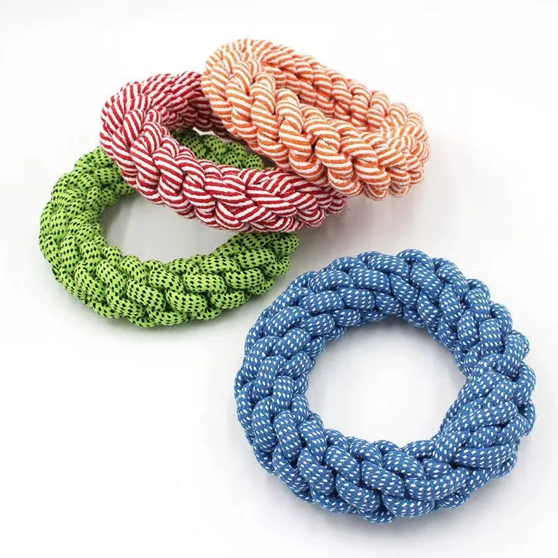 Cotton string braided ring pet chew toy in random colour, approximately 18cm woven design