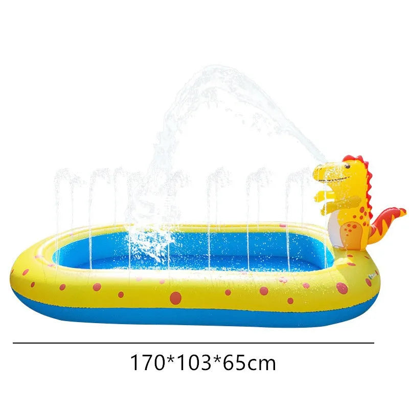 Blue dinosaur-shaped inflatable water spray pool with four spray holes in a garden setting
