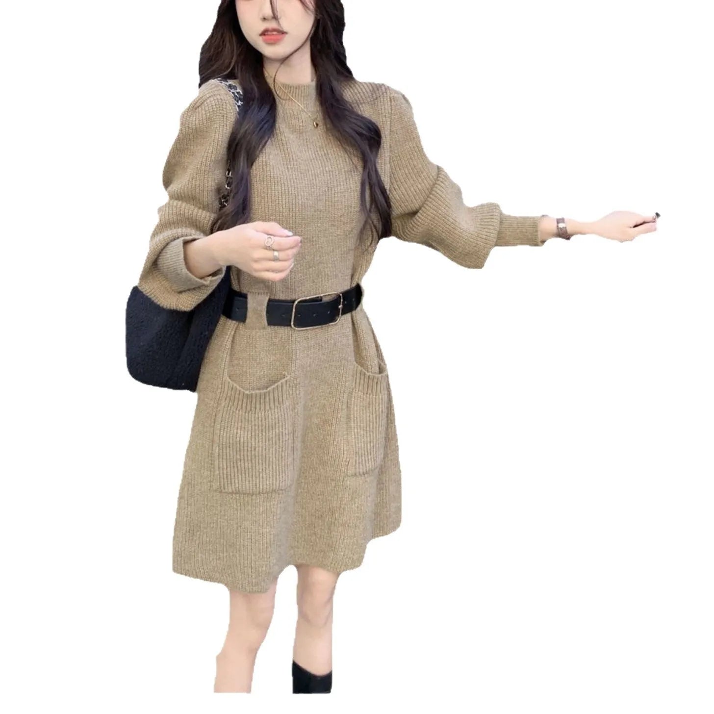 Women's loose knitted base dress with long sleeves and high waist, shown with coordinating black belt