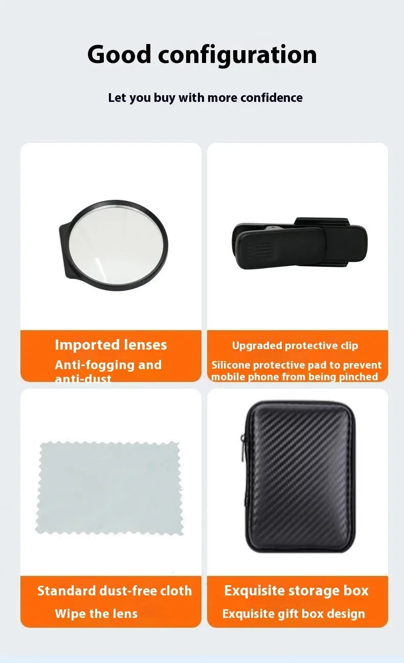 Black mobile phone rear camera self-timer clip with mirror, plastic and glass, includes lens, cloth, and storage box.