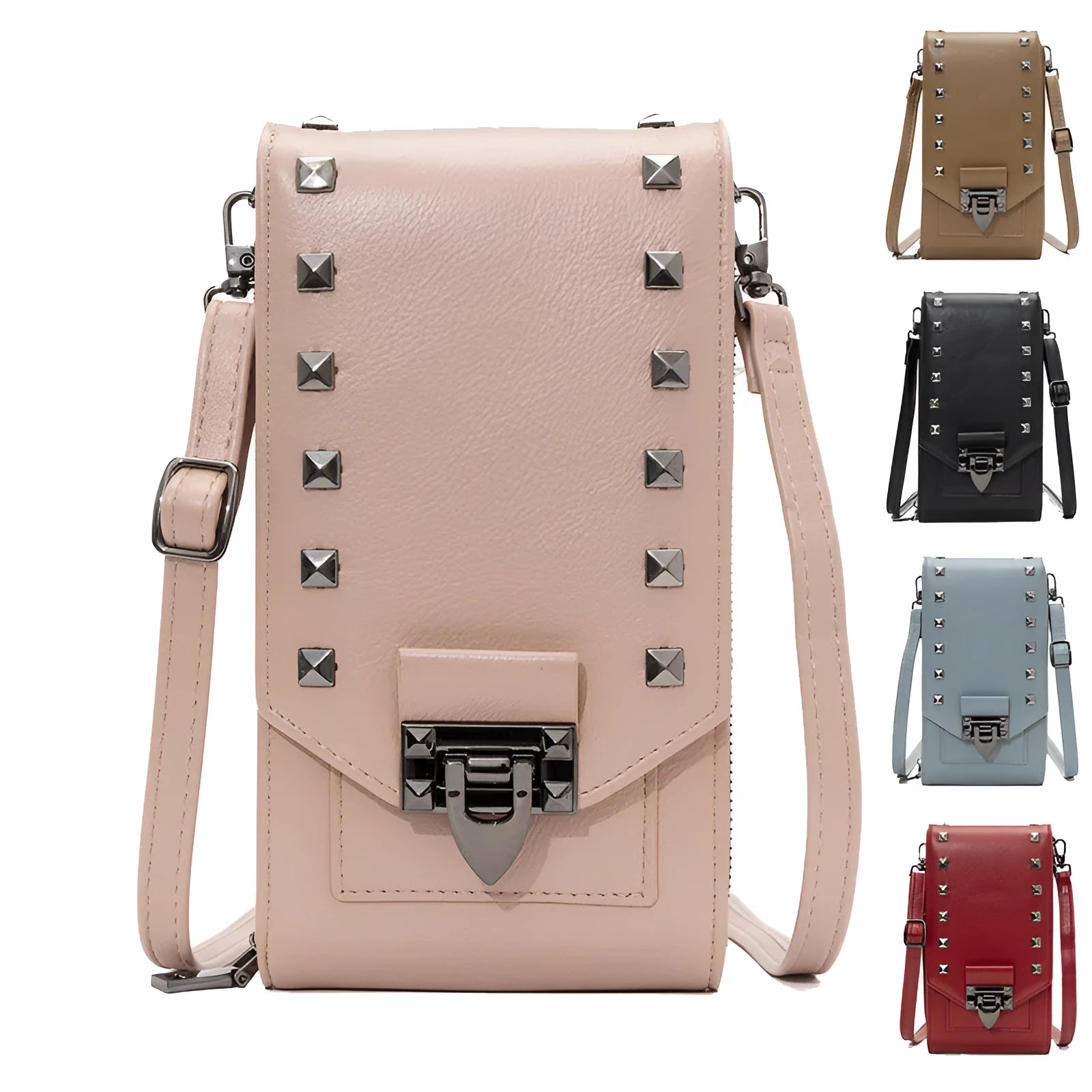 Rivet design crossbody bag for women in solid colour PU leather with card slot and cover closure