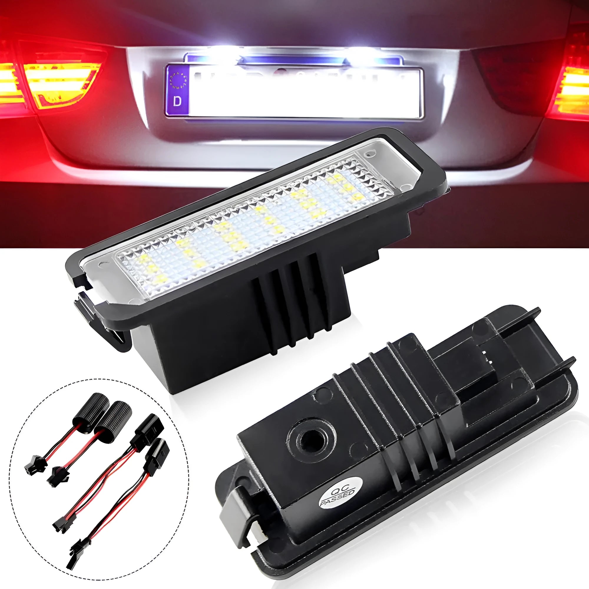 Two Volkswagen LED license plate light bulbs with SMD LEDs and plug connectors.
