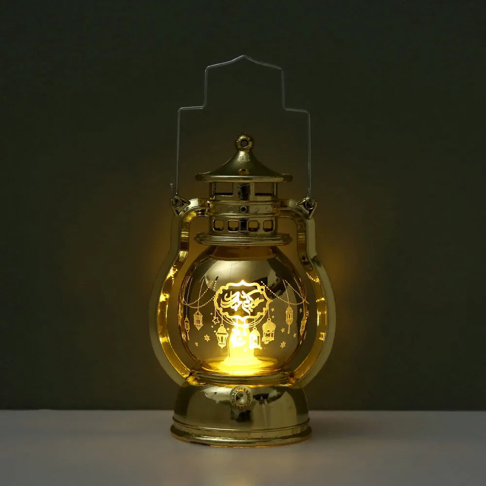 Gold or silver Eid Mubarak LED lantern with A1 or A2 laser carved pattern, 12.5cm tall plastic decoration