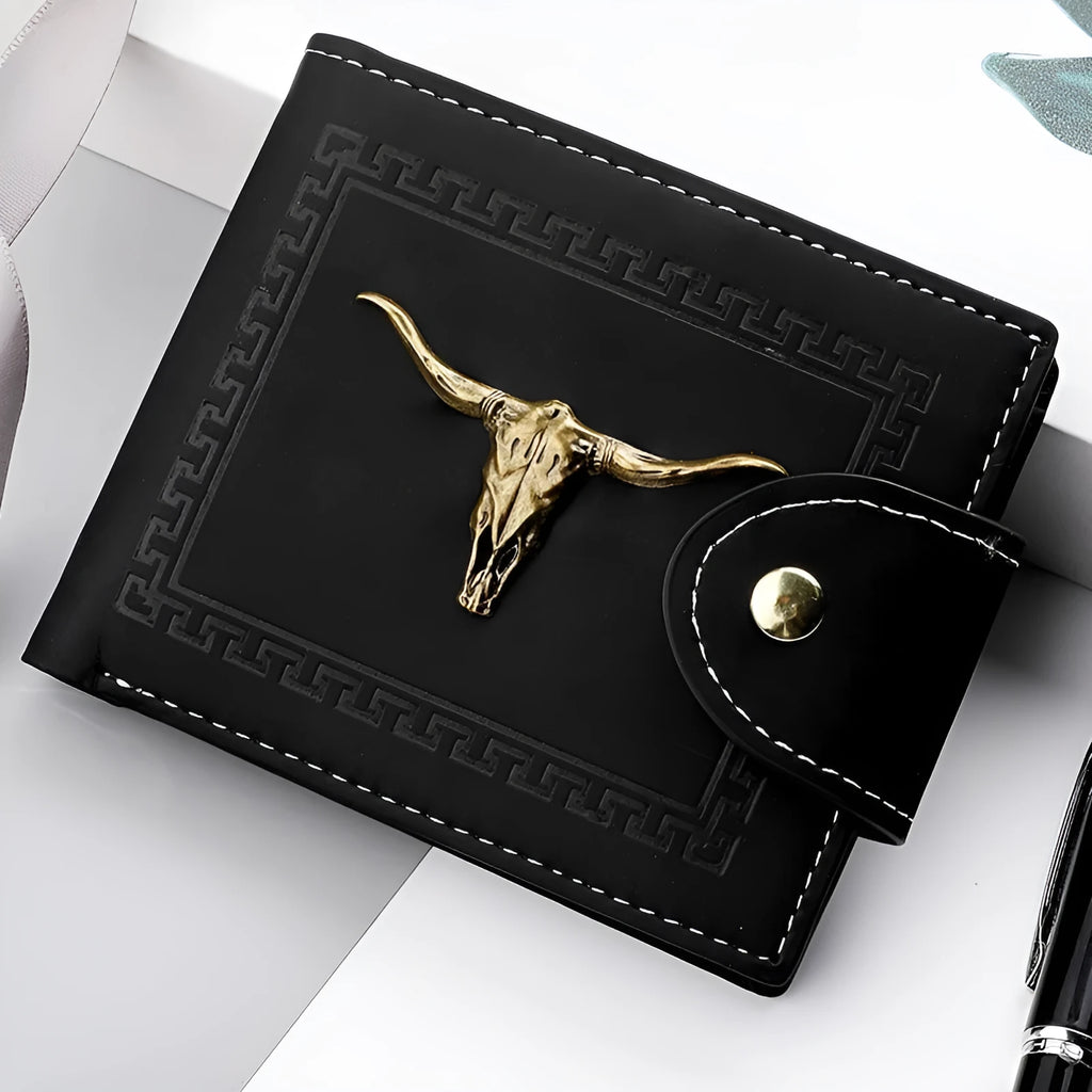 Black men's wallet with animal pattern, multiple card slots and zipper closure