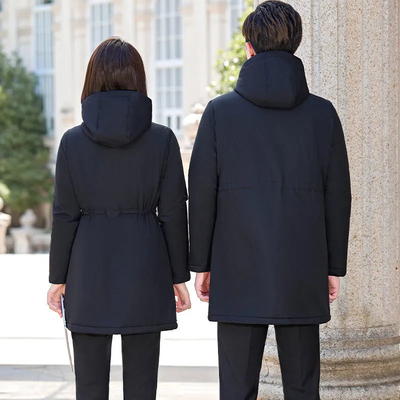 Unisex thick padded black polyester fibre parka with cinched style and pockets for winter warmth