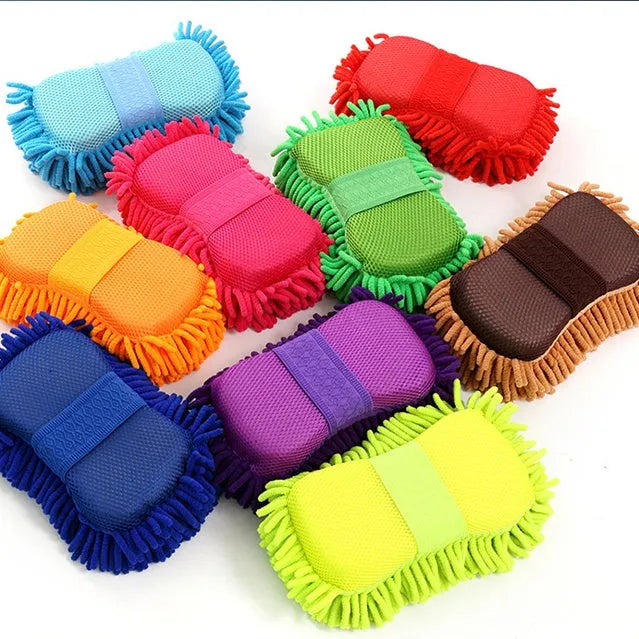 Silver green car wash sponge with chenille microfiber construction measuring 14 by 25 centimetres