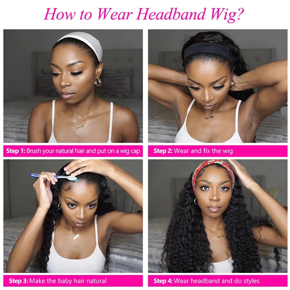 Headband wig human hair kinky straight natural 1B colour 8 to 26 inch length no knots