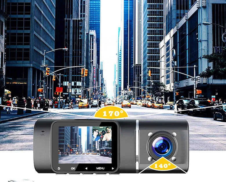 Standard black 1080p dash cam for cars with front and rear recording.