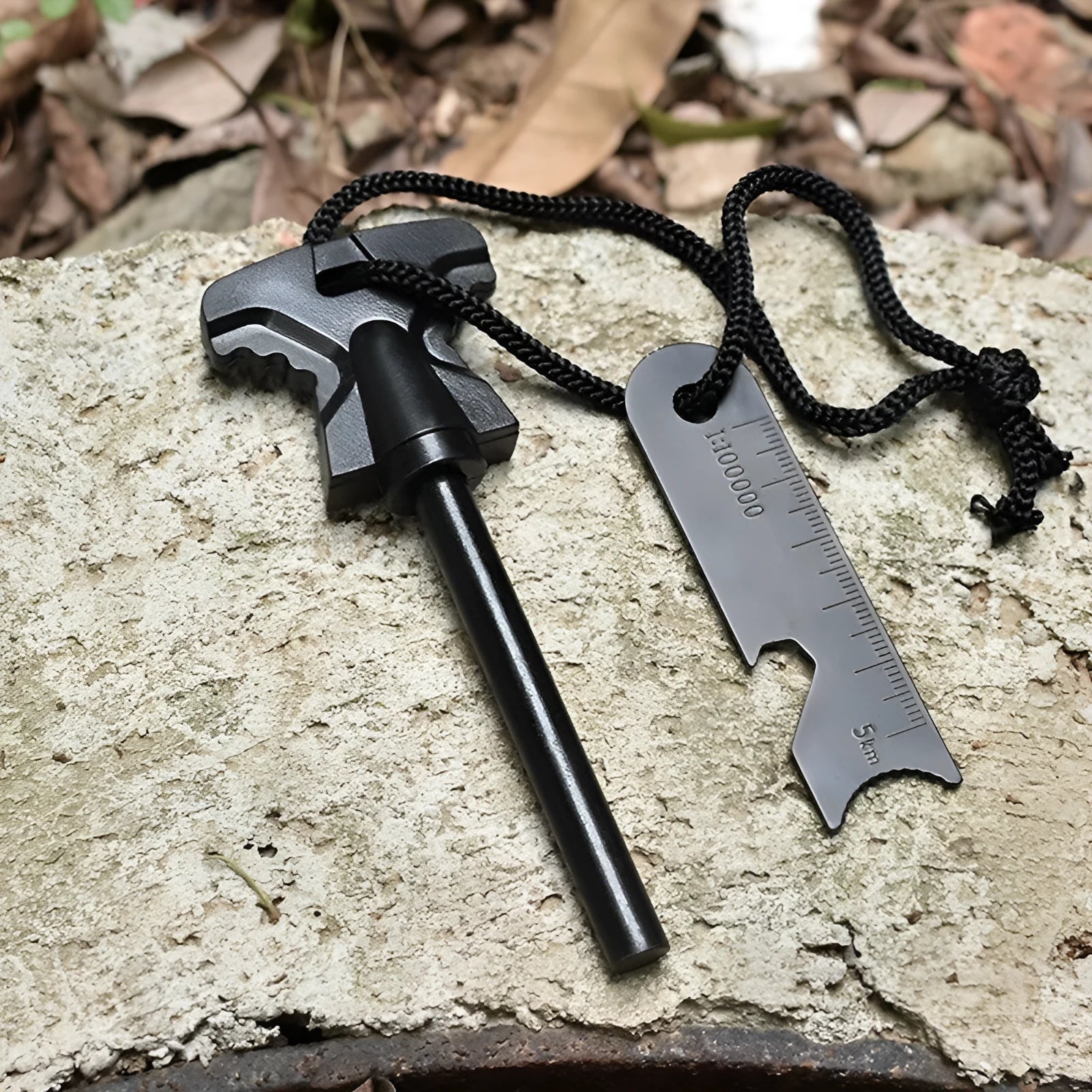 Butterfly-shaped stainless steel fire starter tool with integrated bottle opener.