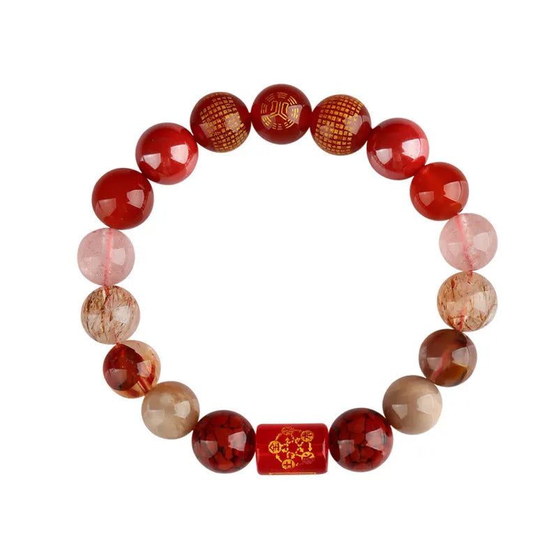 Five elements natural crystal bracelet with handmade geometry beads in gold wood water fire earth colours