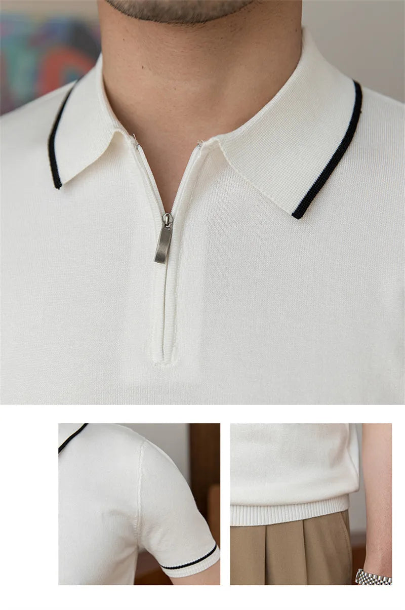 Men's slim fit knitted polo shirt, short sleeve, retro washed finish, white royal blue coffee, sizes M-4XL