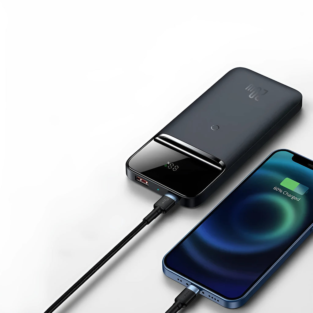 Blue and white MagSafe magnetic wireless power bank with LCD display showing battery percentage
