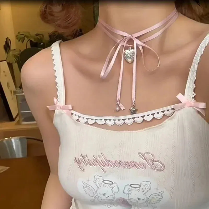 Women's love pendant necklace on ribbon-style alloy chain with electroplated finish