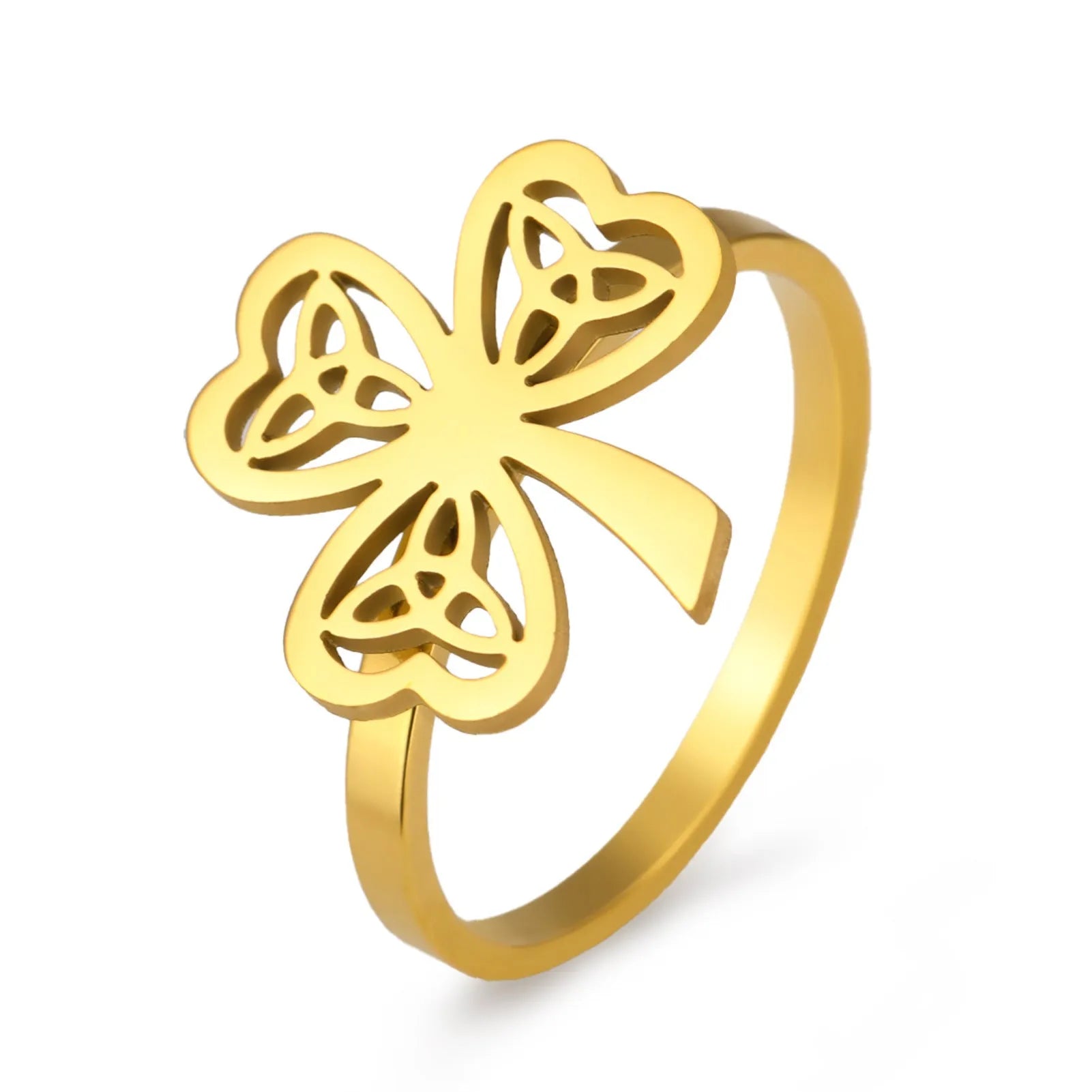 Stainless steel hollow fashion ring in gold or steel colour finish
