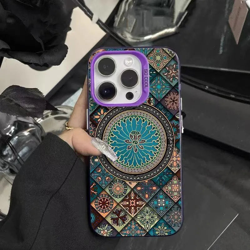Ethnic style patterned hard PC phone case for iPhone in black, dark green, silver, and deep purple with matte anti-slip finish.