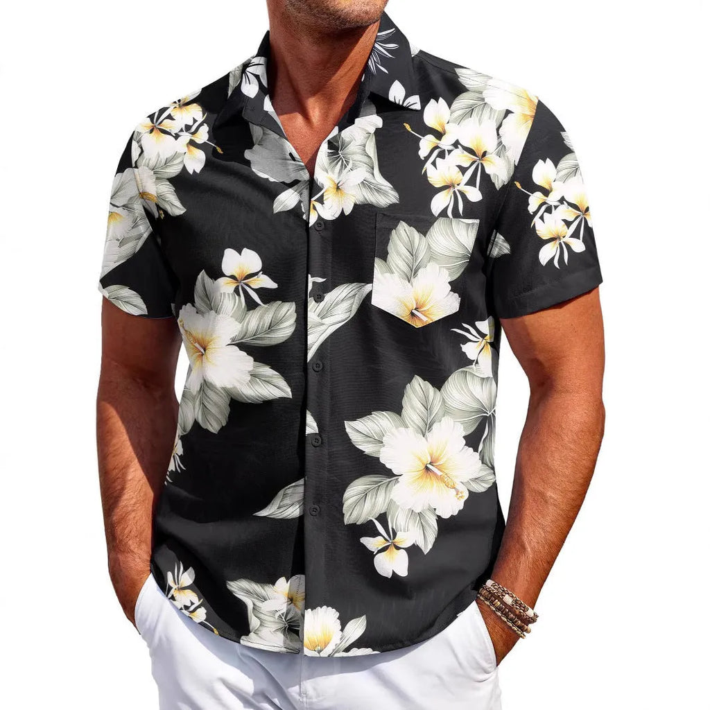 Men's slim fit Hawaiian short sleeve shirt in a cardigan style.