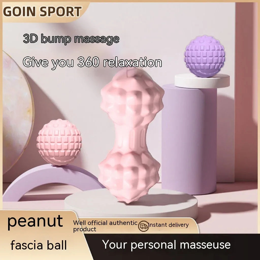 Blue, green, pink, and purple 6cm TPR massage balls, showing both sphere and peanut ball shapes.