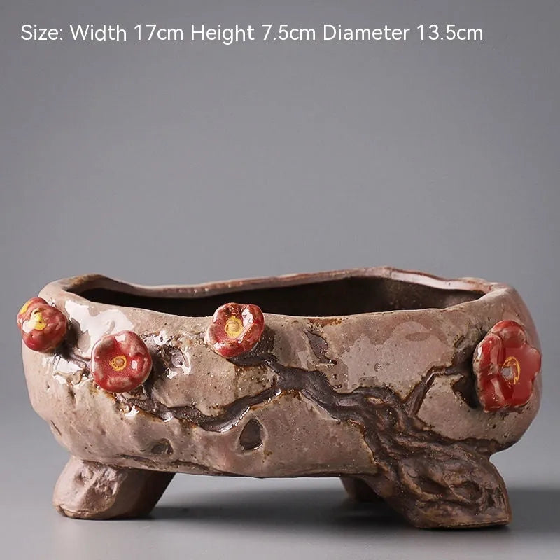 Hand-painted large ceramic succulent flower pot with pastoral design in colour A