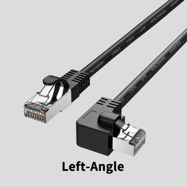 Cat6 Ethernet cable with a right-angle black RJ45 connector alongside cables in white, red, and yellow.
