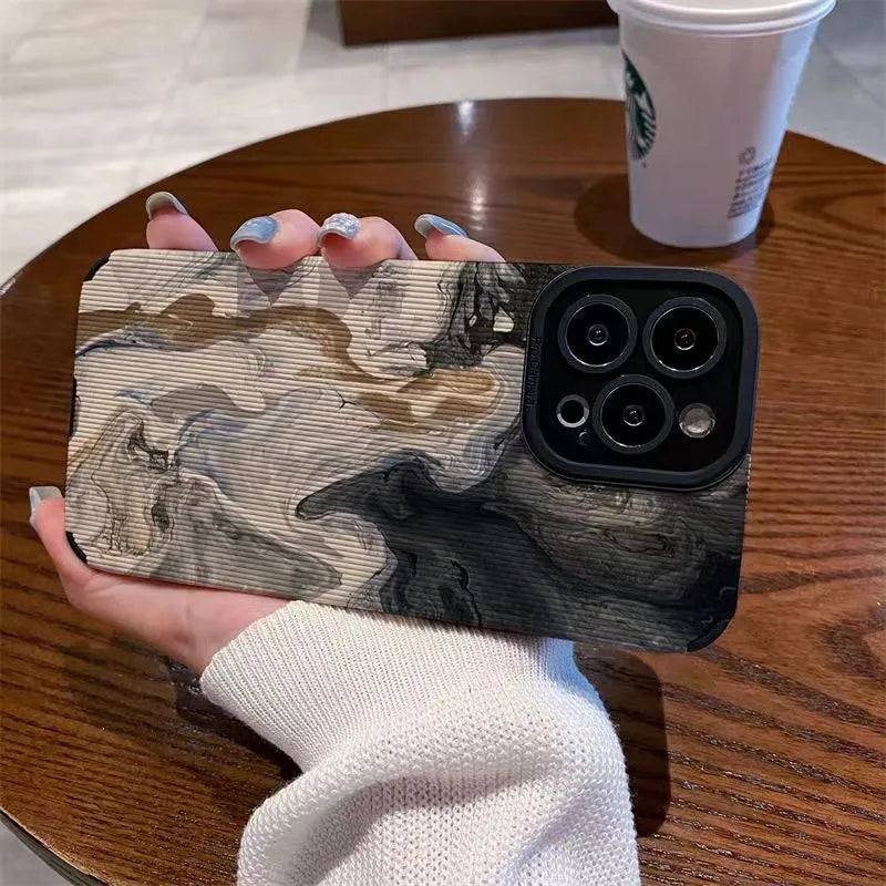 Black and white marble pattern phone case with leather texture for Apple iPhone, slim protective cover