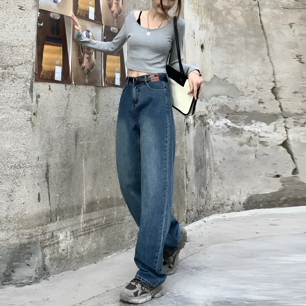 Women's Retro Blue high-waist straight-leg cotton denim jeans on a hanger.