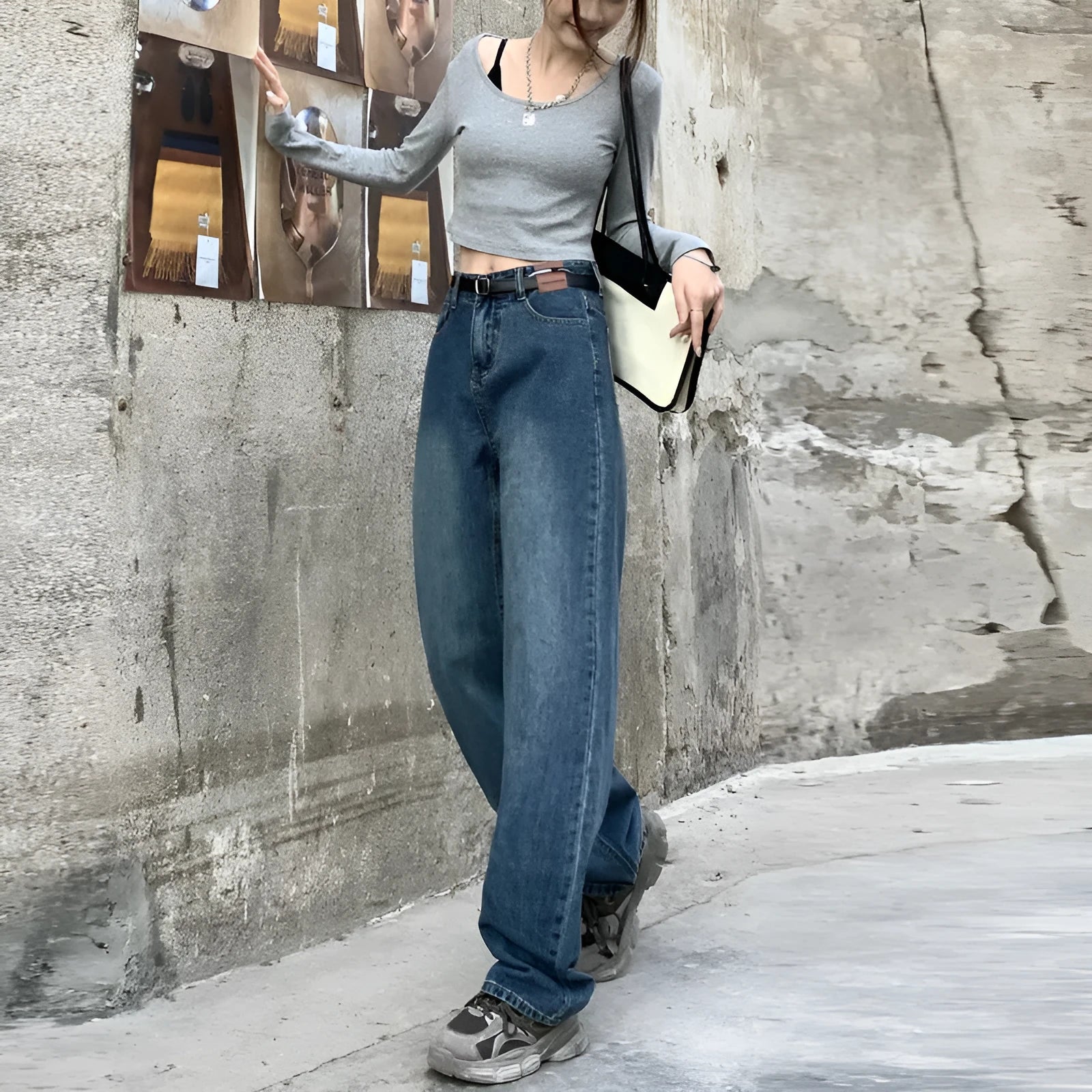 Women's Retro Blue high-waist straight-leg cotton denim jeans on a hanger.