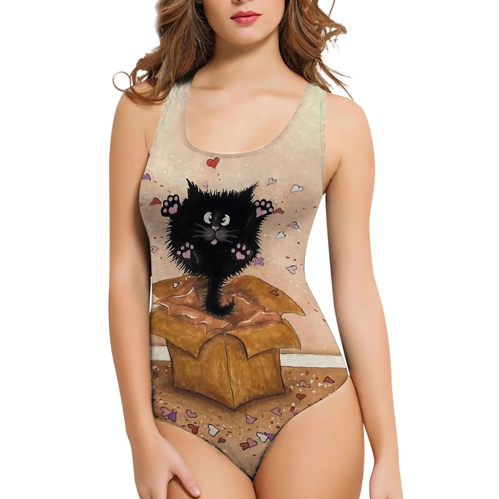 Polyester one-piece swimsuit with 3D printed sunflower pattern in sleeveless design