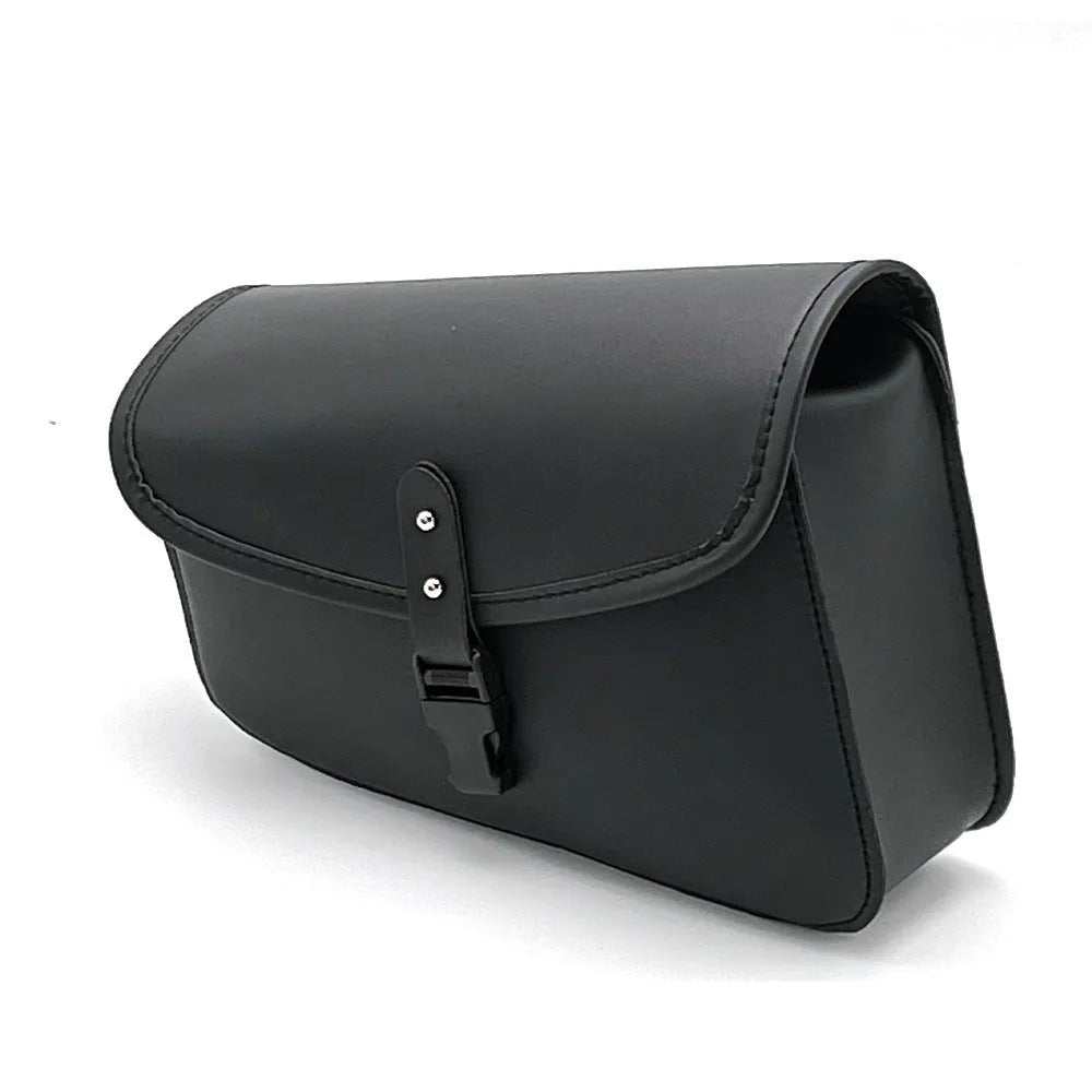 Black PU leather motorcycle swingarm saddlebag mounted on Sportster showing dimensions and mounting position