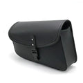 Black PU leather motorcycle swingarm saddlebag mounted on Sportster showing dimensions and mounting position