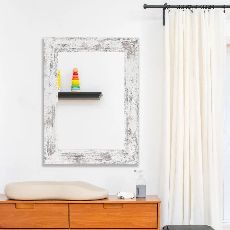 Wall-mounted retro Chinese style dressing mirror in little white colour, shown in bathroom setting