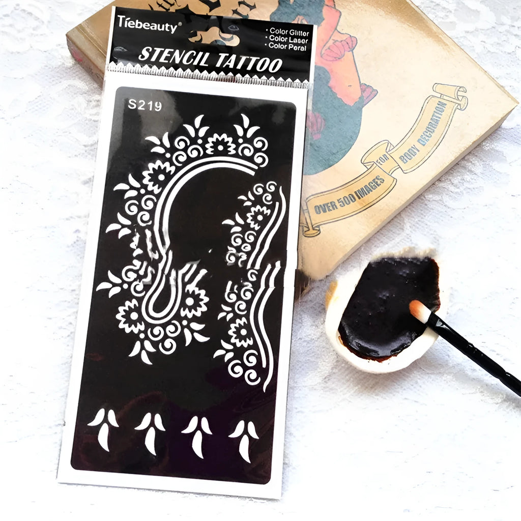 Geometric patterned temporary tattoo sticker sheet in a Southeast Asian style on water transfer paper.