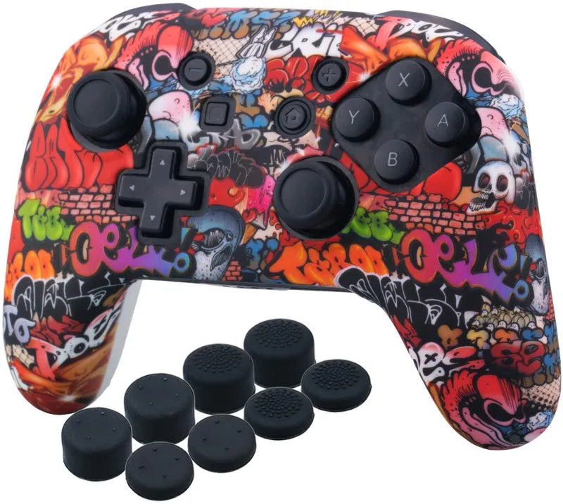 Silicone handle sleeve in blue, red, skull, white cartoon, and white flower designs, no peculiar smell