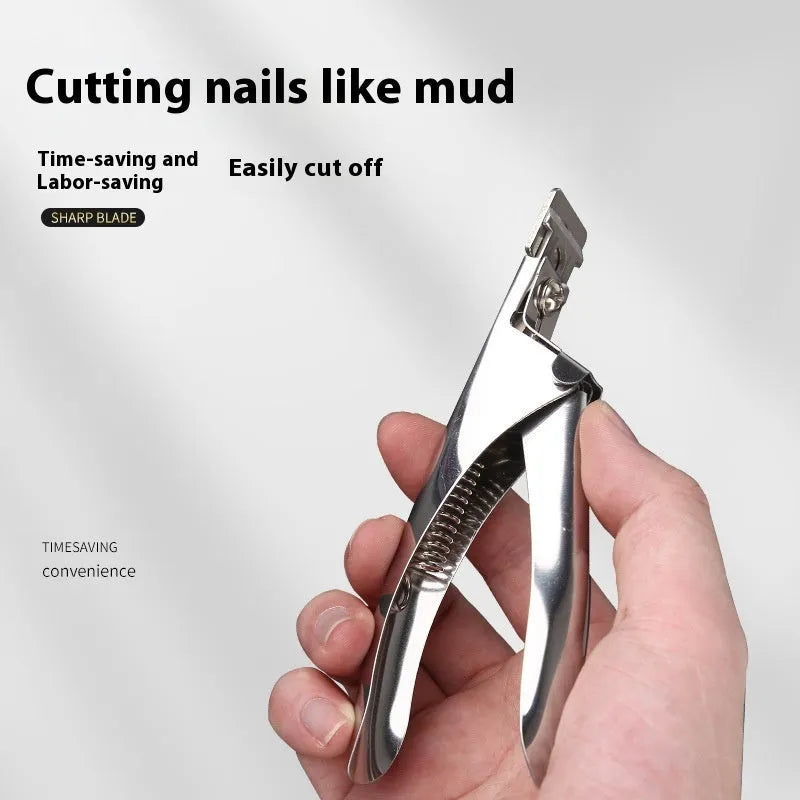 Stainless steel nail art scissors with curved French U-shaped blades shown in electrophoresis black finish.