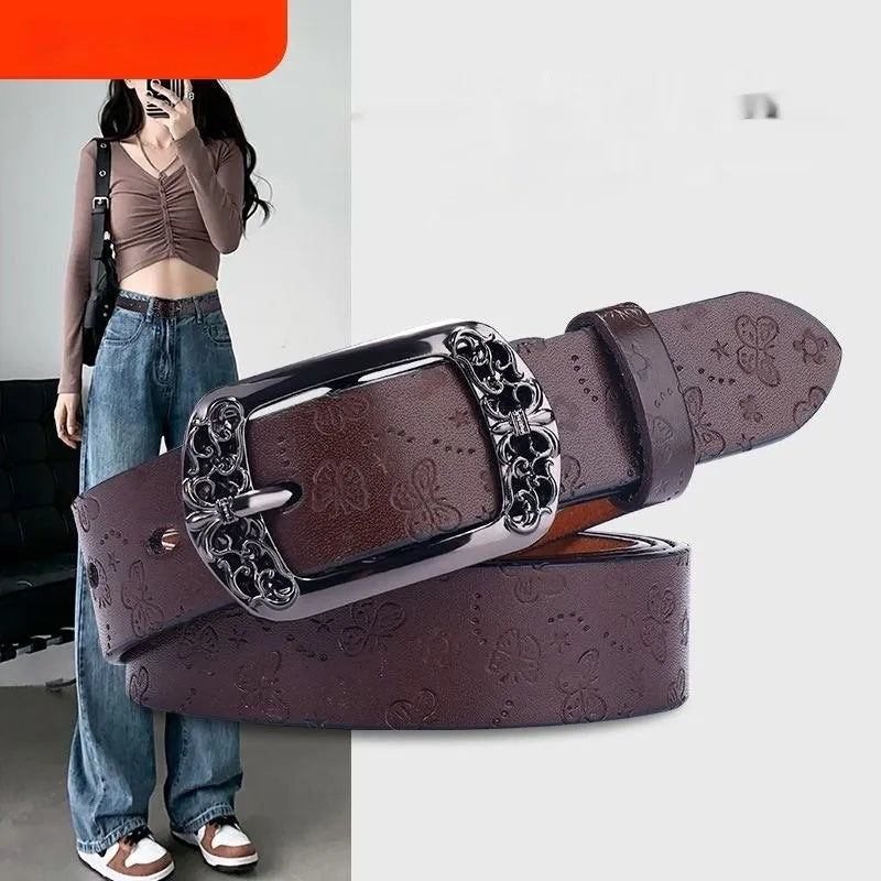 Women's thin decorative jeans belt with alloy buckle in black or brown colour options