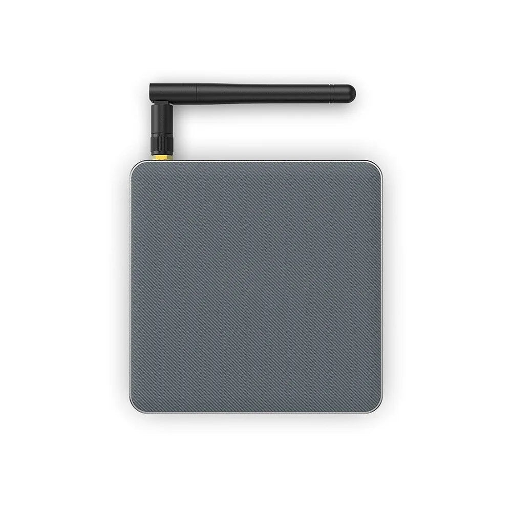 Android TV box with 8K resolution output, RK3566 processor, and compact 105x105x20mm design