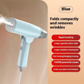 Blue and white handheld garment steamer with water tank and power cord.