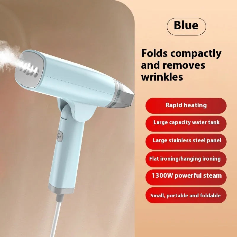 Blue and white handheld garment steamer with water tank and power cord.