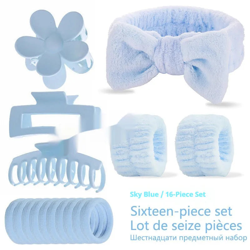 Bow washing face hair band 16-piece set with plaid pattern and wrist strap in multiple colours