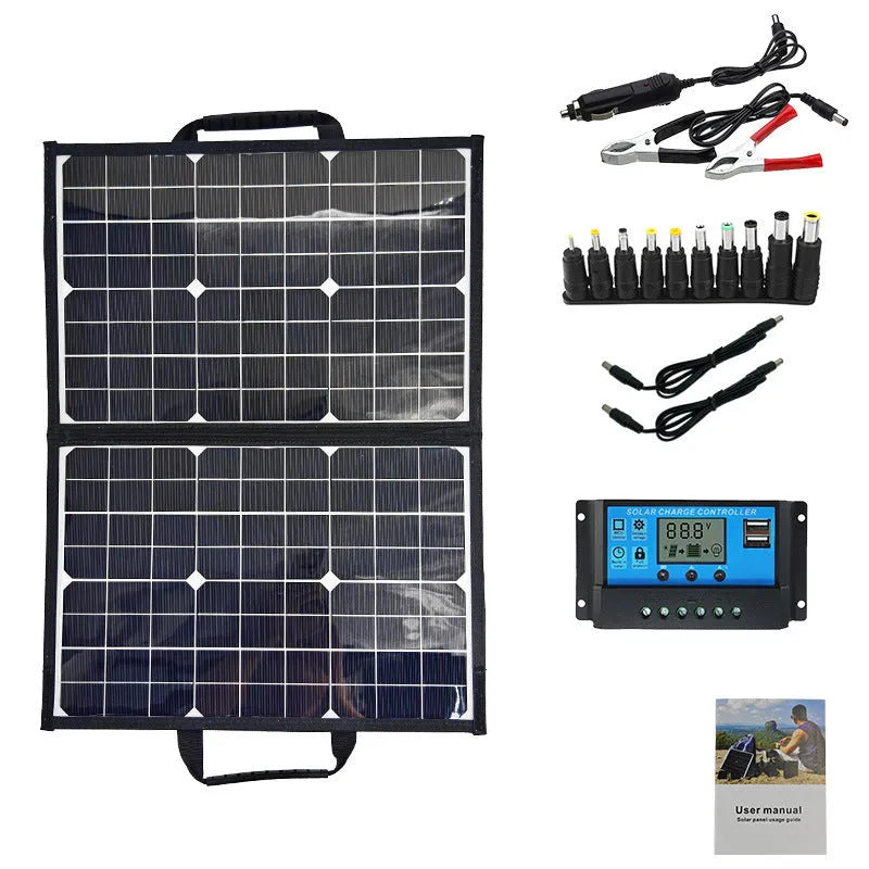 Black 40W folding bag portable solar panel shown folded, for outdoor camping and emergency charging.