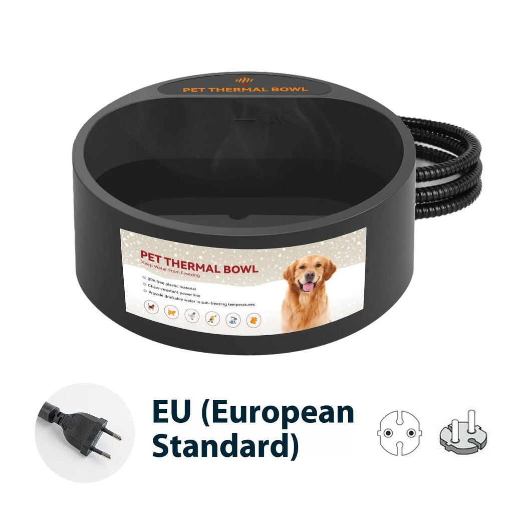 Black ABS plastic pet heating bowl with 2.2L capacity and electric warming base.