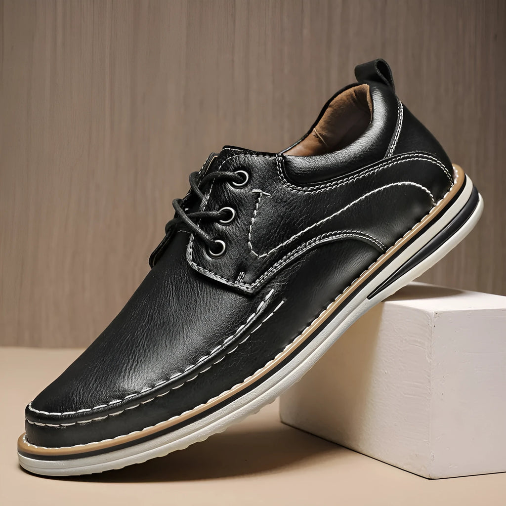 Men's black genuine leather lace-up casual shoes with round toe and stitched sole
